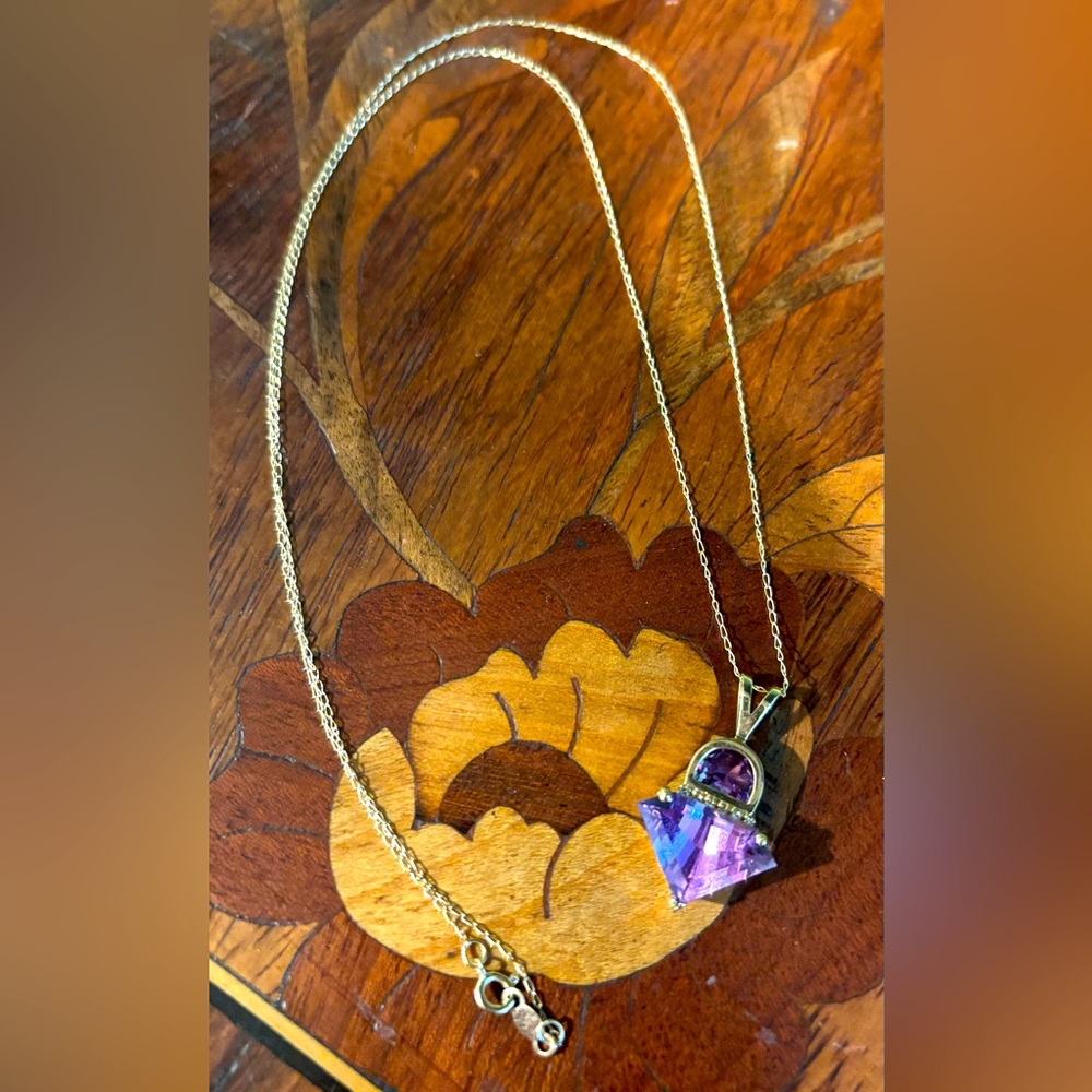 Genuine 14K Gold Triangle Cut Amethyst Necklace with Diamonds & Half-Moon Stone